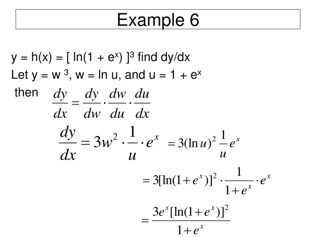 Example 6 y = h(x) = [ ln(1 + ex) ]3 find dy/dx