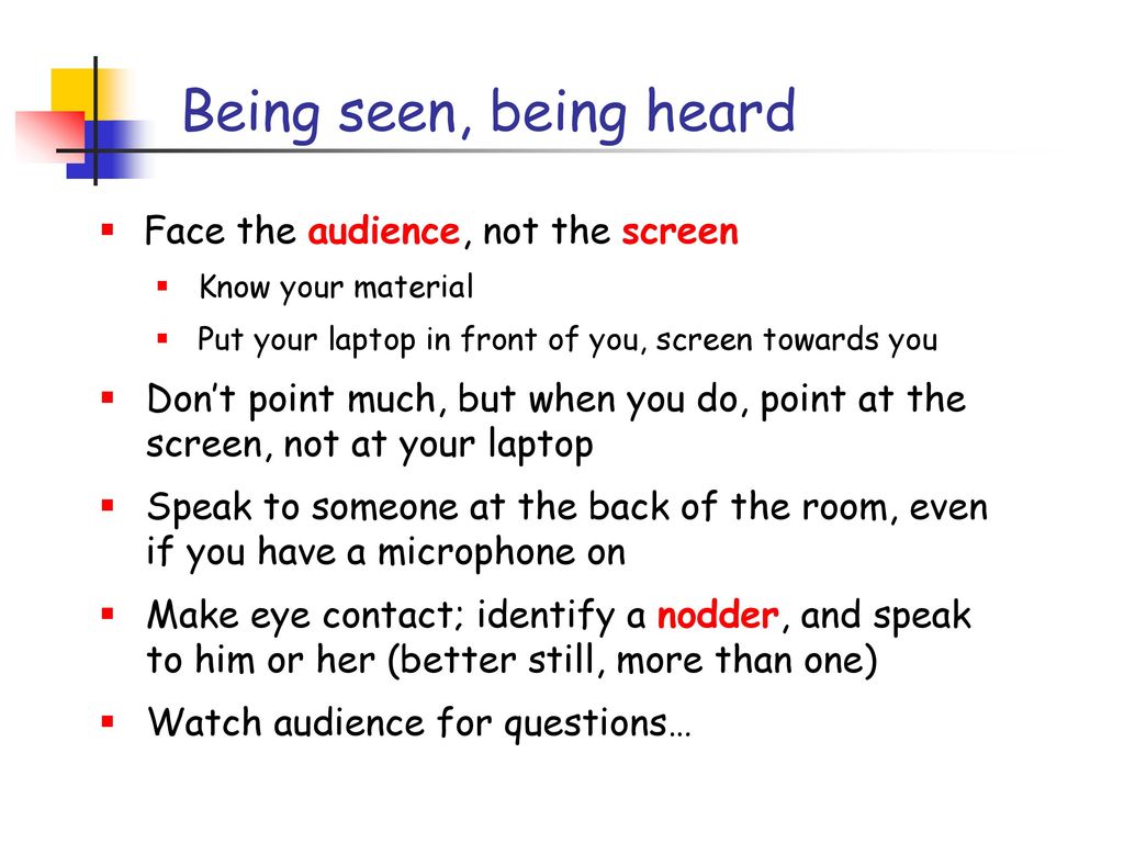 Being seen, being heard Face the audience, not the screen