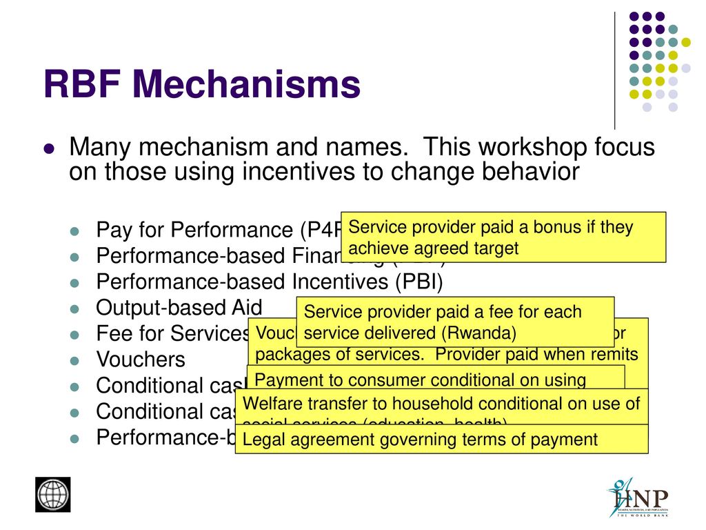 RBF Mechanisms Many mechanism and names. This workshop focus on those using incentives to change behavior.