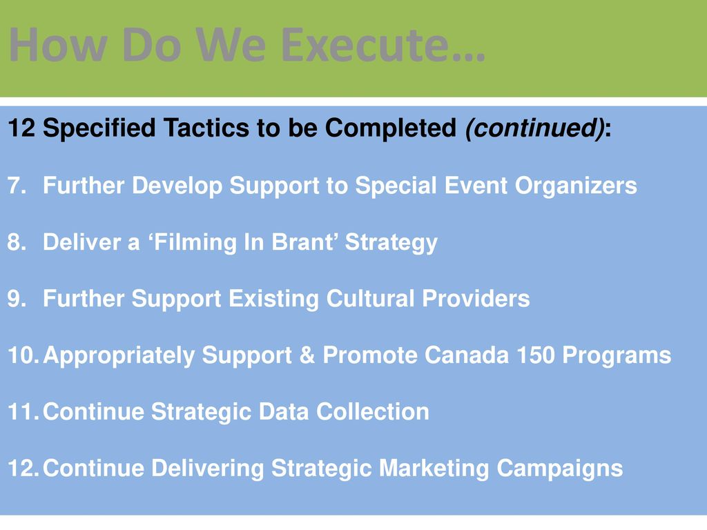 How Do We Execute… 12 Specified Tactics to be Completed (continued):