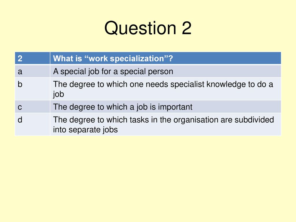 Question 2 2 What is work specialization a