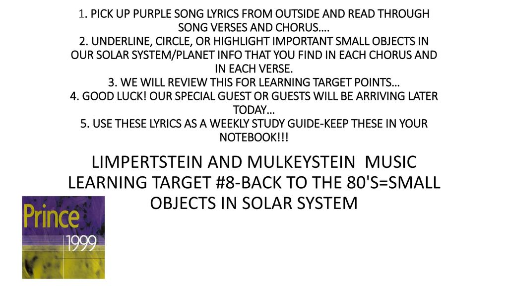 1 Pick Up Purple Song Lyrics From Outside And Read Through Song Verses And Chorus 2 Underline Circle Or Highlight Important Small Objects In Our Ppt Download