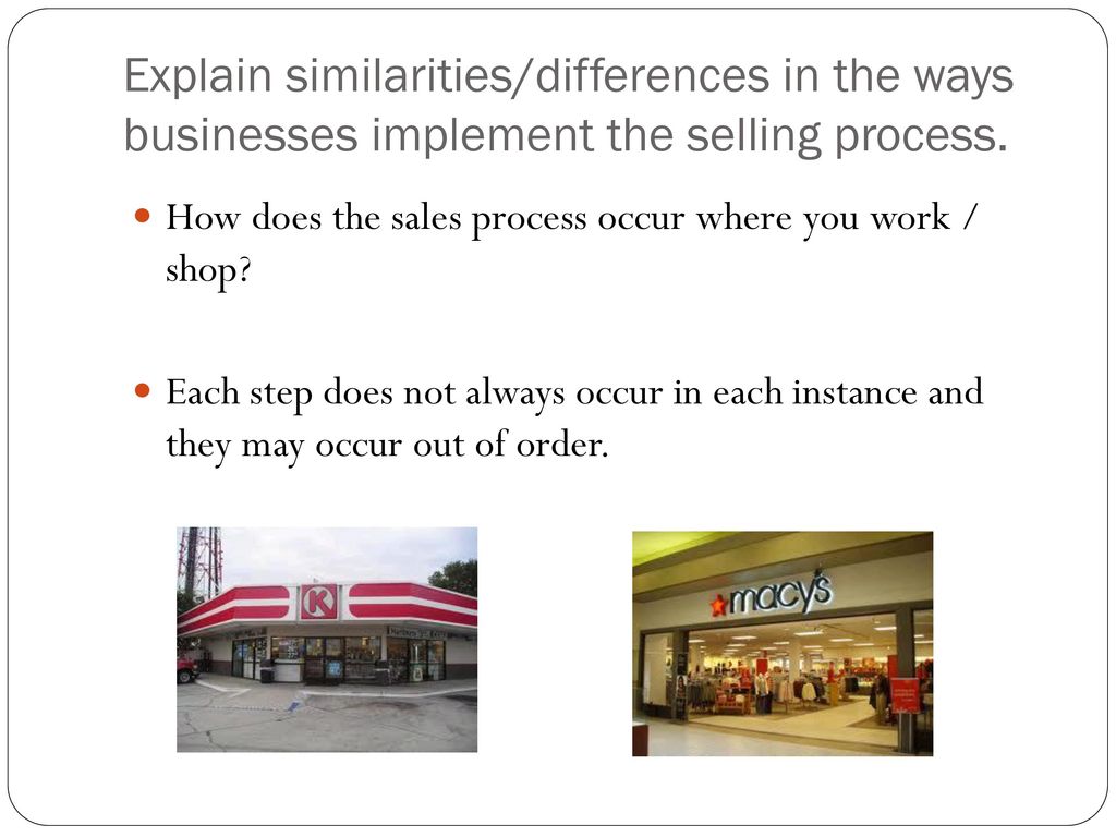 Explain similarities/differences in the ways businesses implement the selling process.
