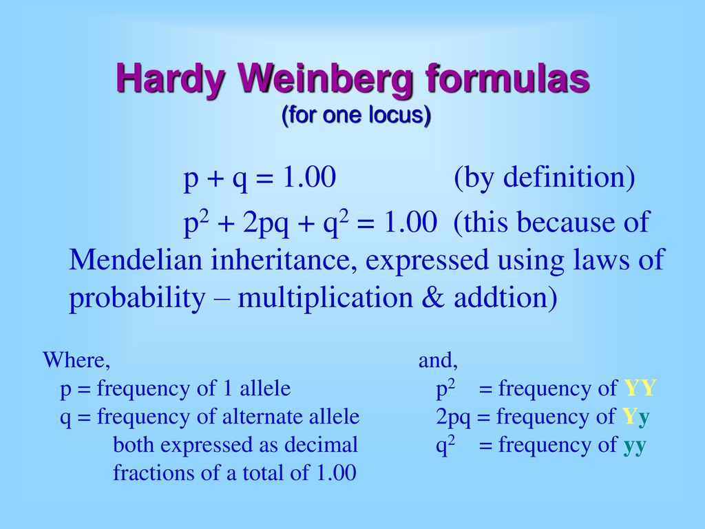 Hardy Weinberg formulas (for one locus) .