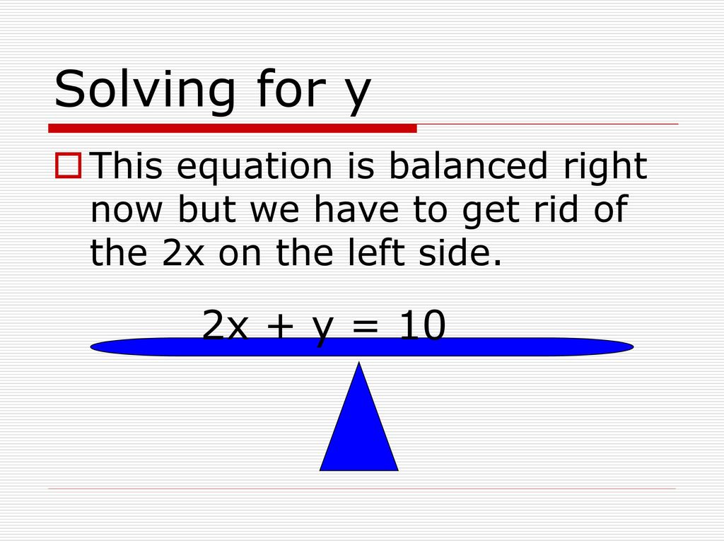 Solving for y This equation is balanced right now but we have to get rid of the 2x on the left side.