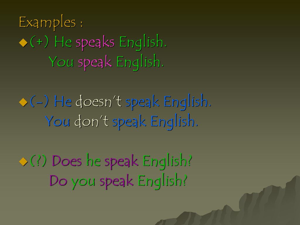 Examples : (+) He speaks English. You speak English. (-) He doesn’t speak English. You don’t speak English.