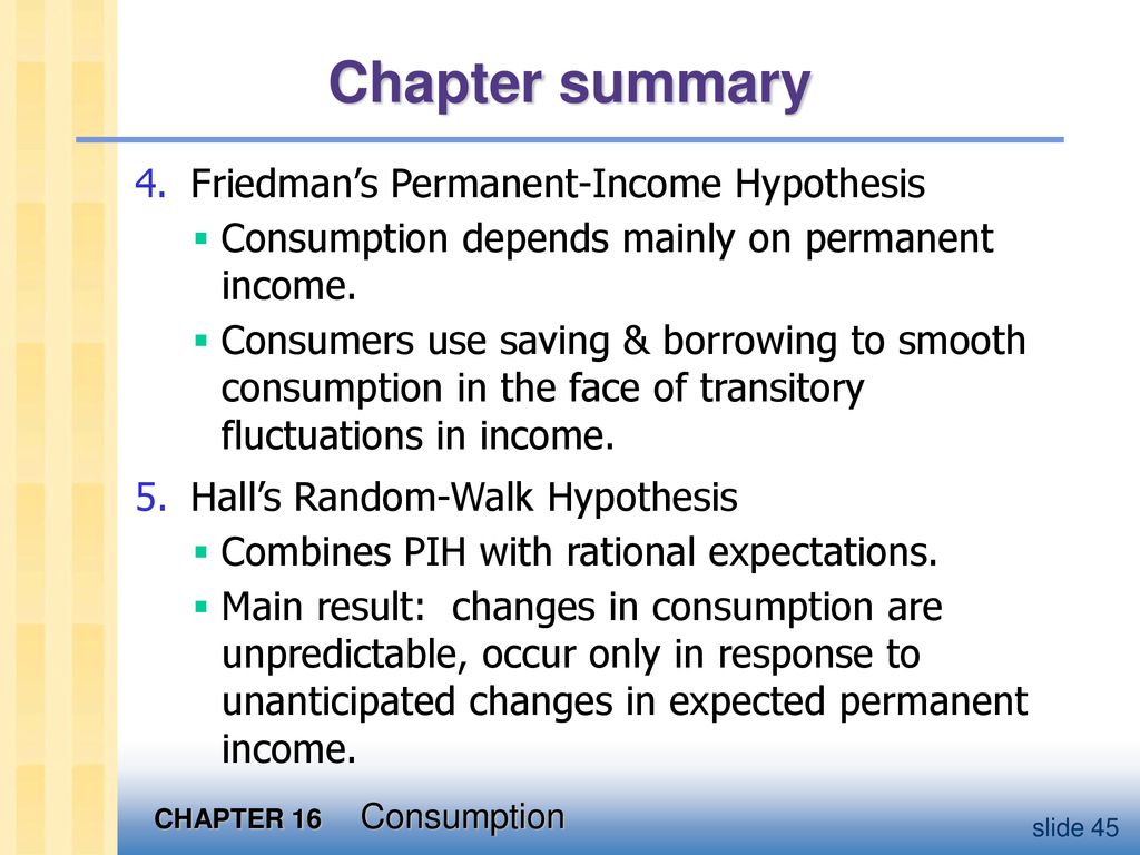 Topic 13. Permanent Income hypothesis. Milton Friedman’s permanent Income hypothesis. Chapter Summary. Permanent Income hypothesis graph.