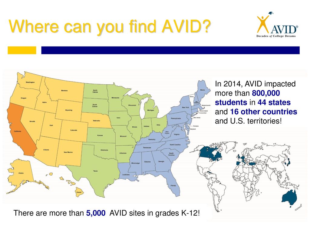 Where can you find AVID In 2014, AVID impacted more than 800,000 students in 44 states and 16 other countries and U.S. territories!