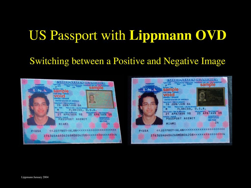 US Passport with Lippmann OVD Switching between a Positive and Negative Image