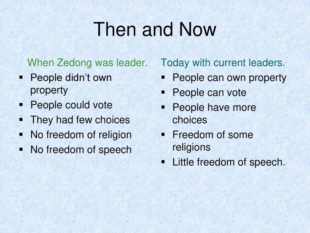 Then and Now When Zedong was leader. People didn’t own property