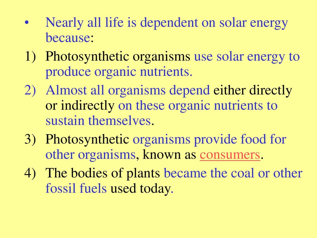 Nearly all life is dependent on solar energy because: