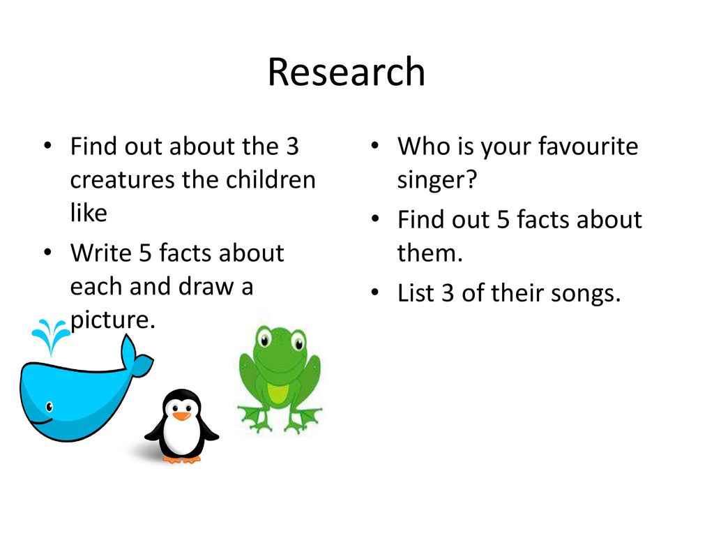 Research Find out about the 3 creatures the children like