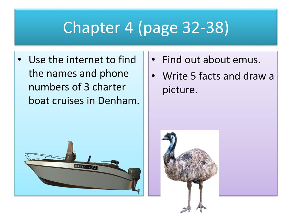 Chapter 4 (page 32-38) Use the internet to find the names and phone numbers of 3 charter boat cruises in Denham.
