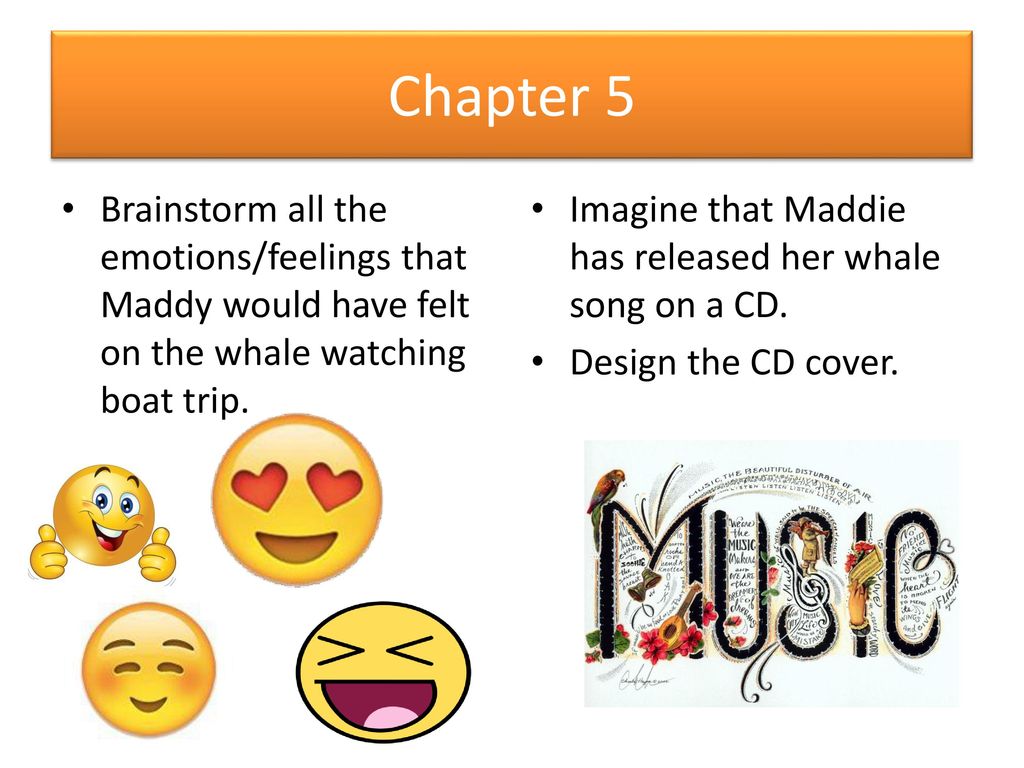 Chapter 5 Brainstorm all the emotions/feelings that Maddy would have felt on the whale watching boat trip.