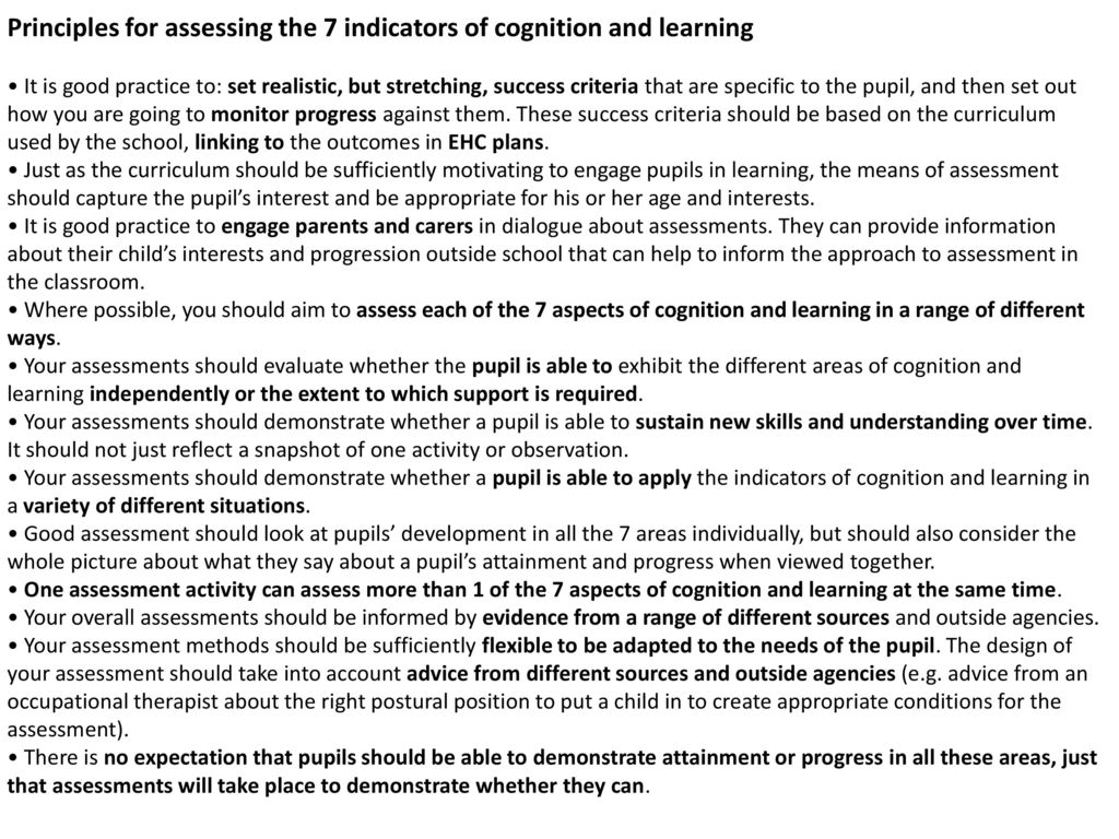 Principles for assessing the 7 indicators of cognition and learning
