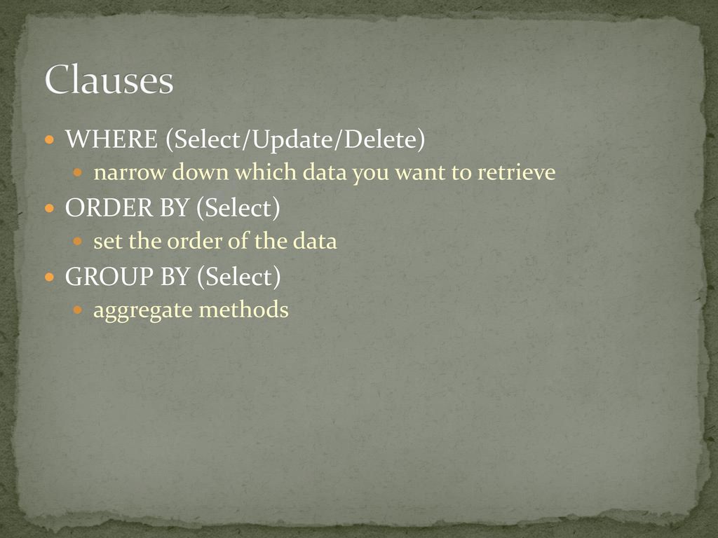 Clauses WHERE (Select/Update/Delete) ORDER BY (Select)
