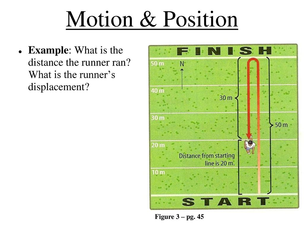 Motion & Position Example: What is the distance the runner ran What is the runner’s displacement