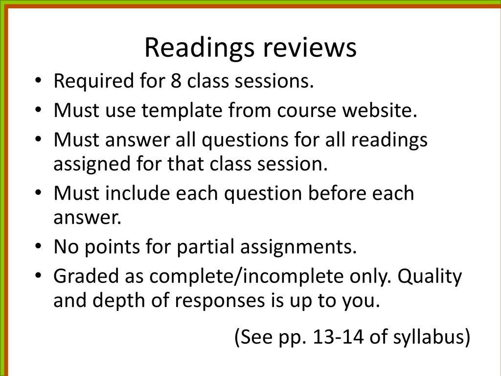 Readings reviews Required for 8 class sessions.