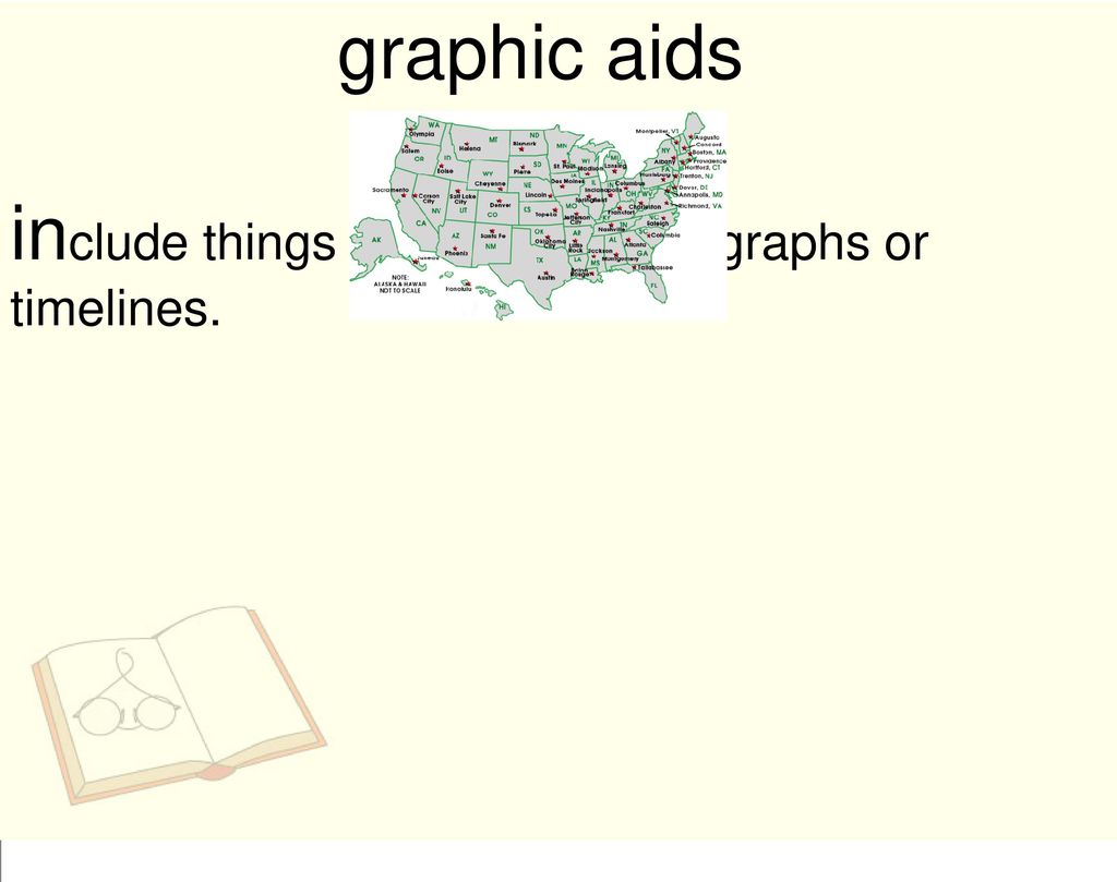 graphic aids include things like maps, photographs or timelines.