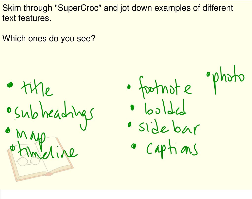 Skim through SuperCroc and jot down examples of different text features.