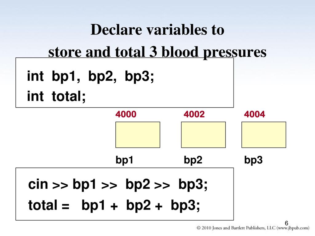 Declare variables to store and total 3 blood pressures