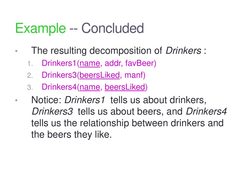 Example -- Concluded The resulting decomposition of Drinkers :