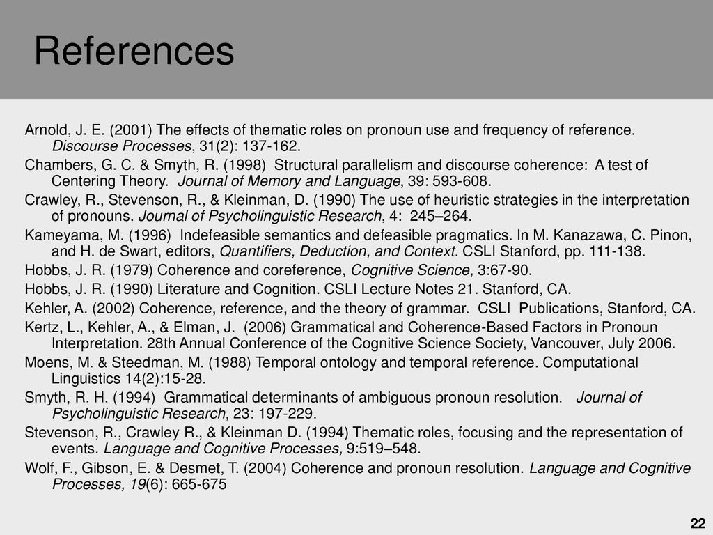 References Arnold, J. E. (2001) The effects of thematic roles on pronoun use and frequency of reference. Discourse Processes, 31(2):