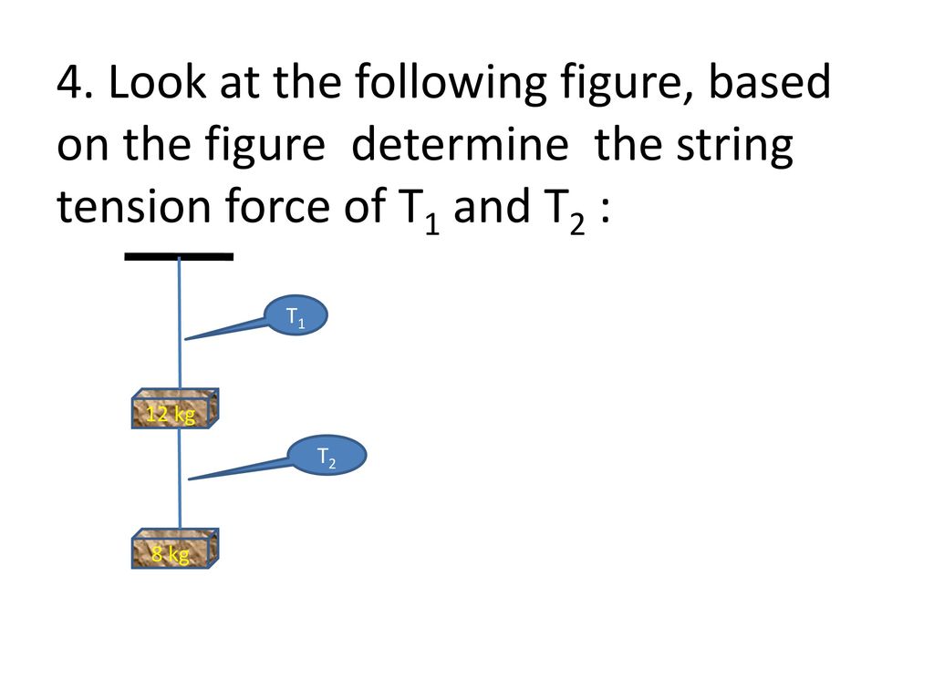 4. Look at the following figure, based on the figure determine the string tension force of T1 and T2 :