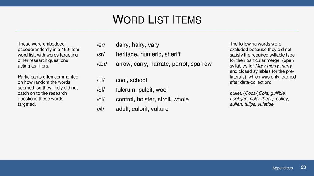 Word List Items /er/ dairy, hairy, vary /ɛr/