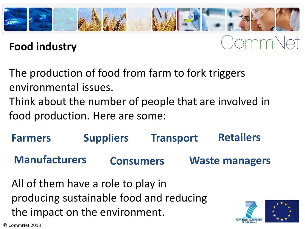 Food industry The production of food from farm to fork triggers environmental issues.