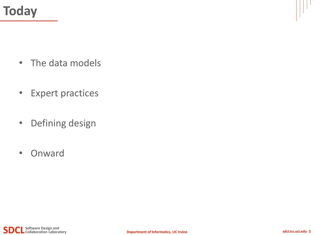 Today The data models Expert practices Defining design Onward