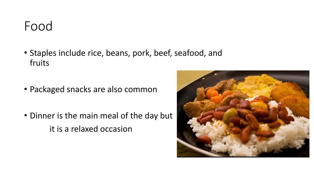 Food Staples include rice, beans, pork, beef, seafood, and fruits