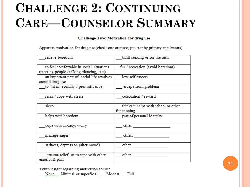 Challenge 2: Continuing Care—Counselor Summary