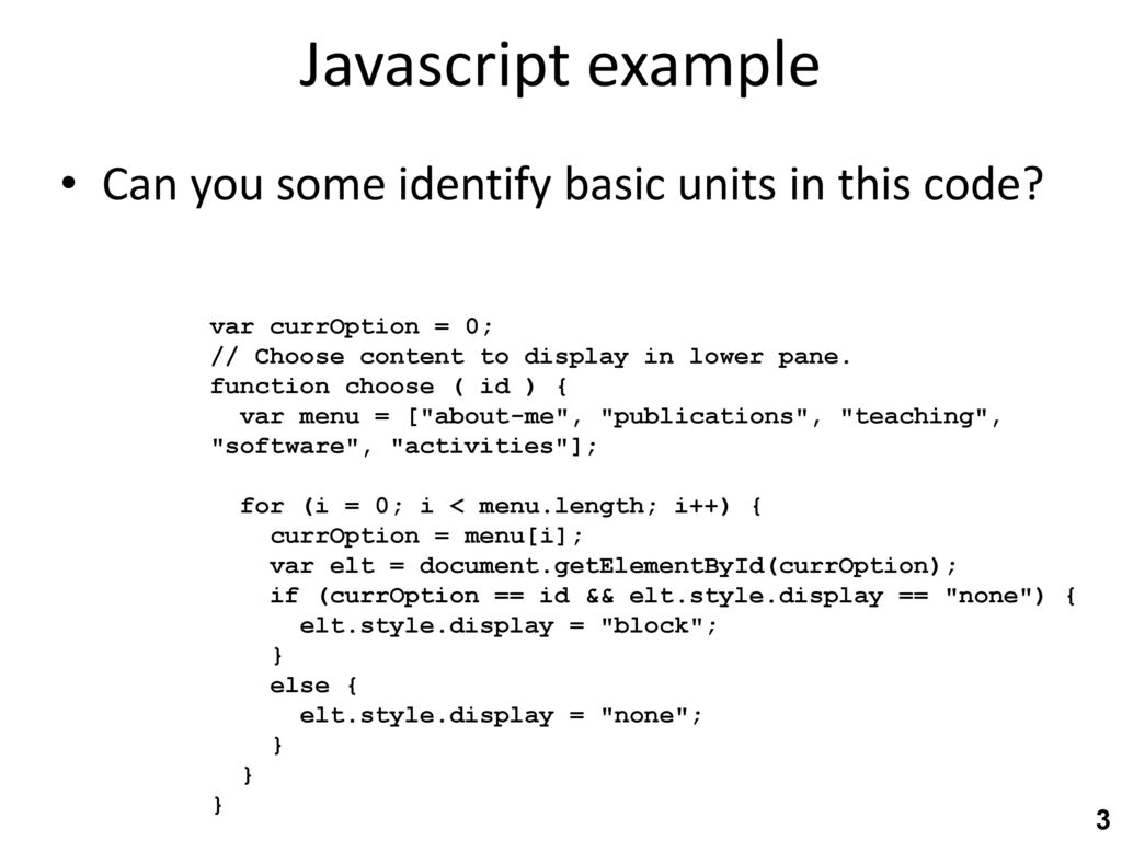 Javascript example Can you some identify basic units in this code
