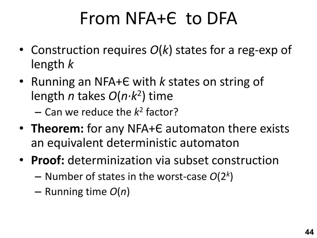 From NFA+Є to DFA Construction requires O(k) states for a reg-exp of length k.