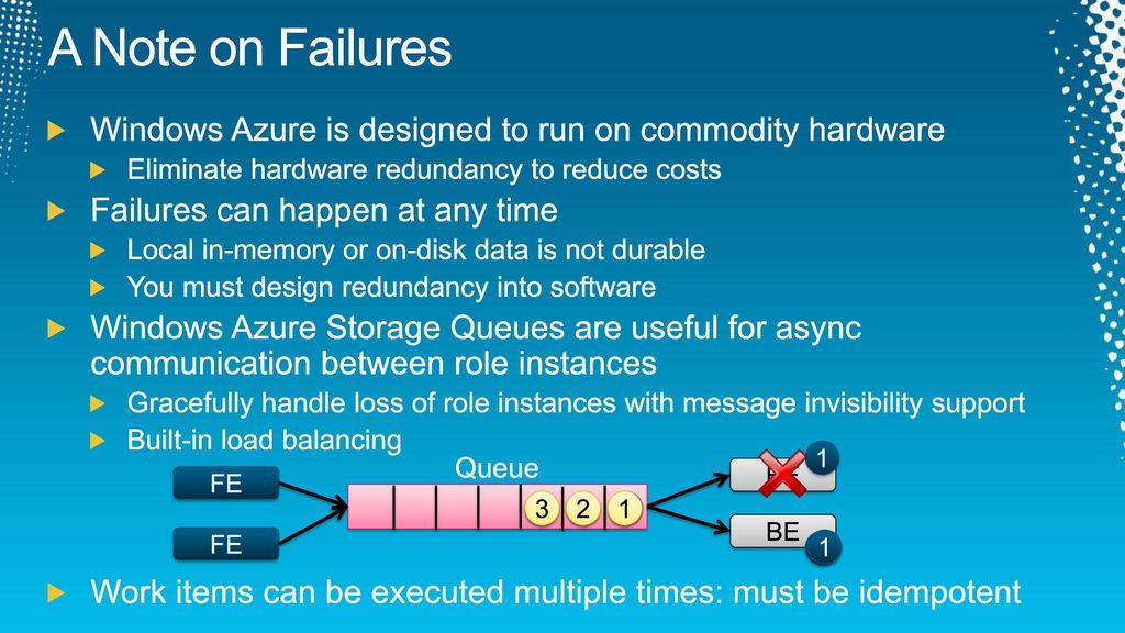 A Note on Failures Windows Azure is designed to run on commodity hardware. Eliminate hardware redundancy to reduce costs.
