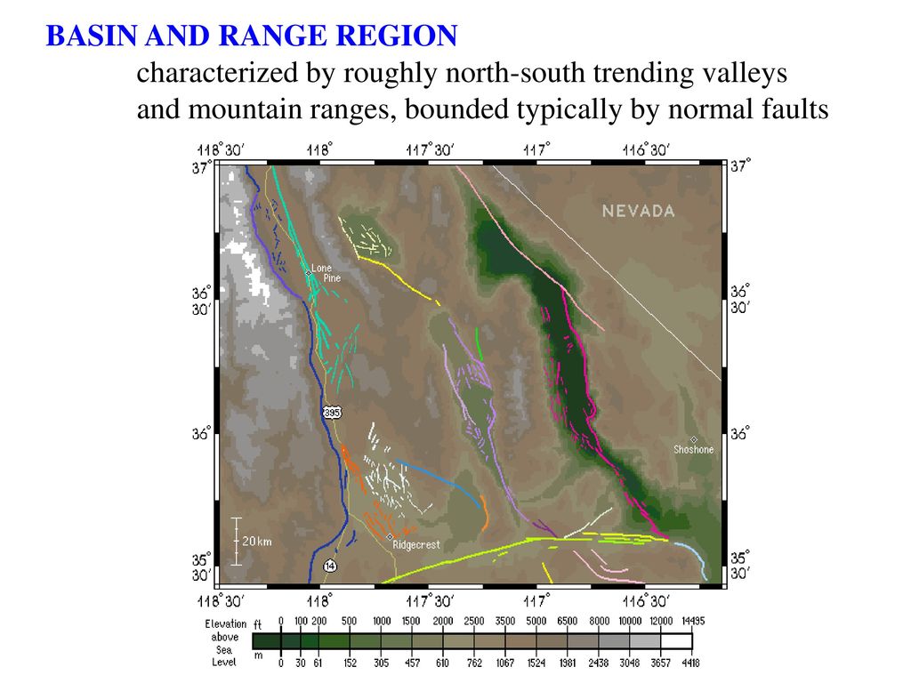 BASIN AND RANGE REGION characterized by roughly north-south trending valleys.