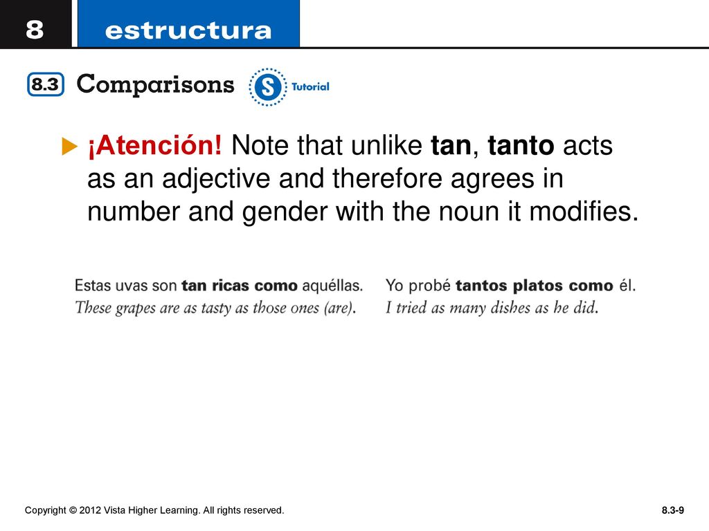 ¡Atención! Note that unlike tan, tanto acts as an adjective and therefore agrees in number and gender with the noun it modifies.