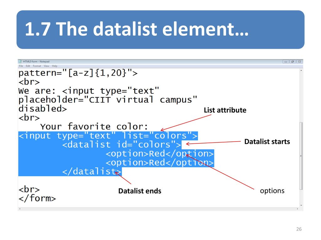 List attribute Datalist starts Datalist ends options