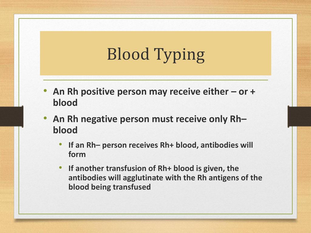 Blood Typing An Rh positive person may receive either – or + blood