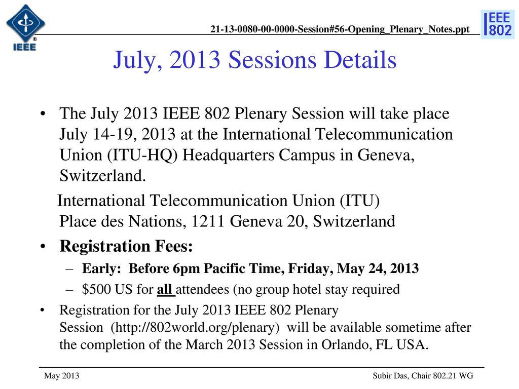 Month 20xx doc.: IEEE /xxxr0. July, 2013 Sessions Details.