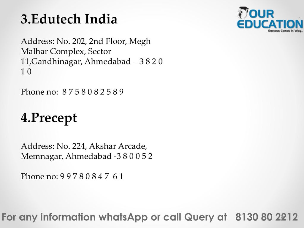 3.Edutech India Address: No. 202, 2nd Floor, Megh Malhar Complex, Sector 11,Gandhinagar, Ahmedabad –