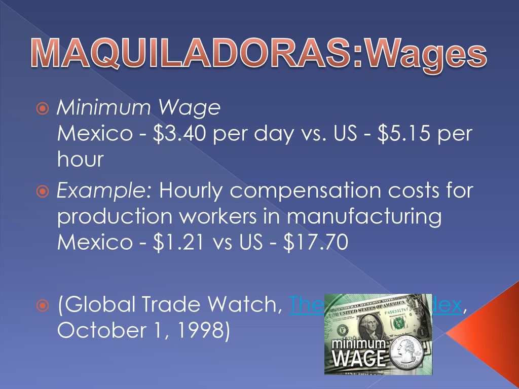 MAQUILADORAS:Wages Minimum Wage Mexico - $3.40 per day vs. US - $5.15 per hour.