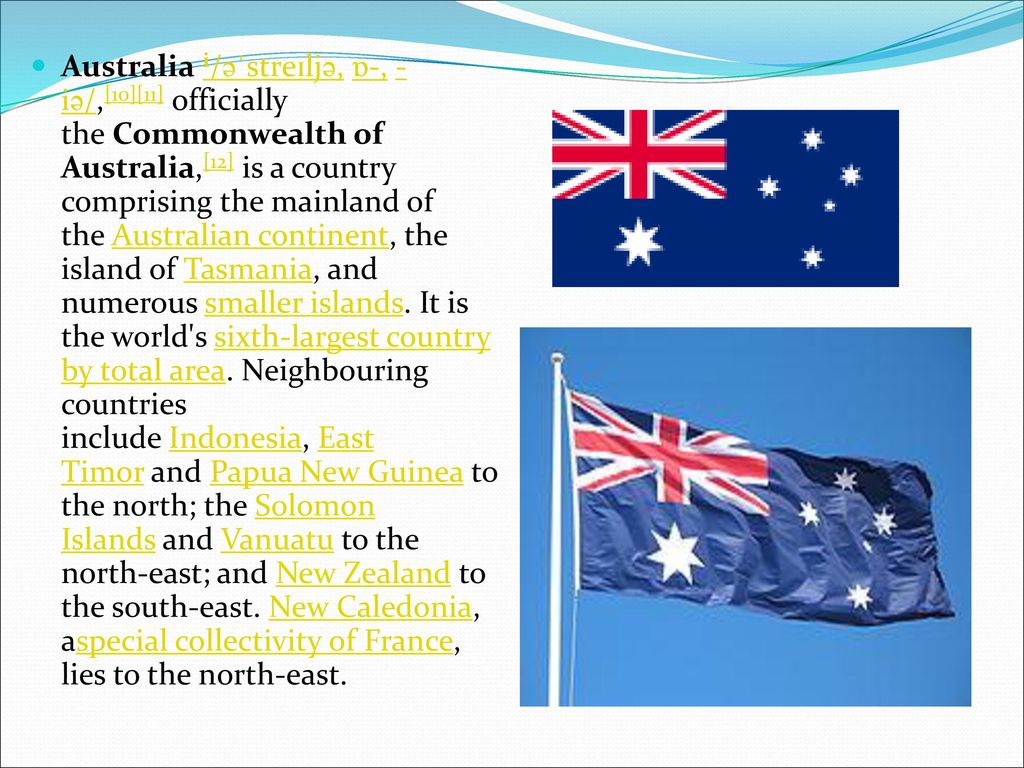 Australia i/əˈstreɪljə, ɒ-, -iə/,[10][11] officially the Commonwealth of Australia,[12] is a country comprising the mainland of the Australian continent, the island of Tasmania, and numerous smaller islands.