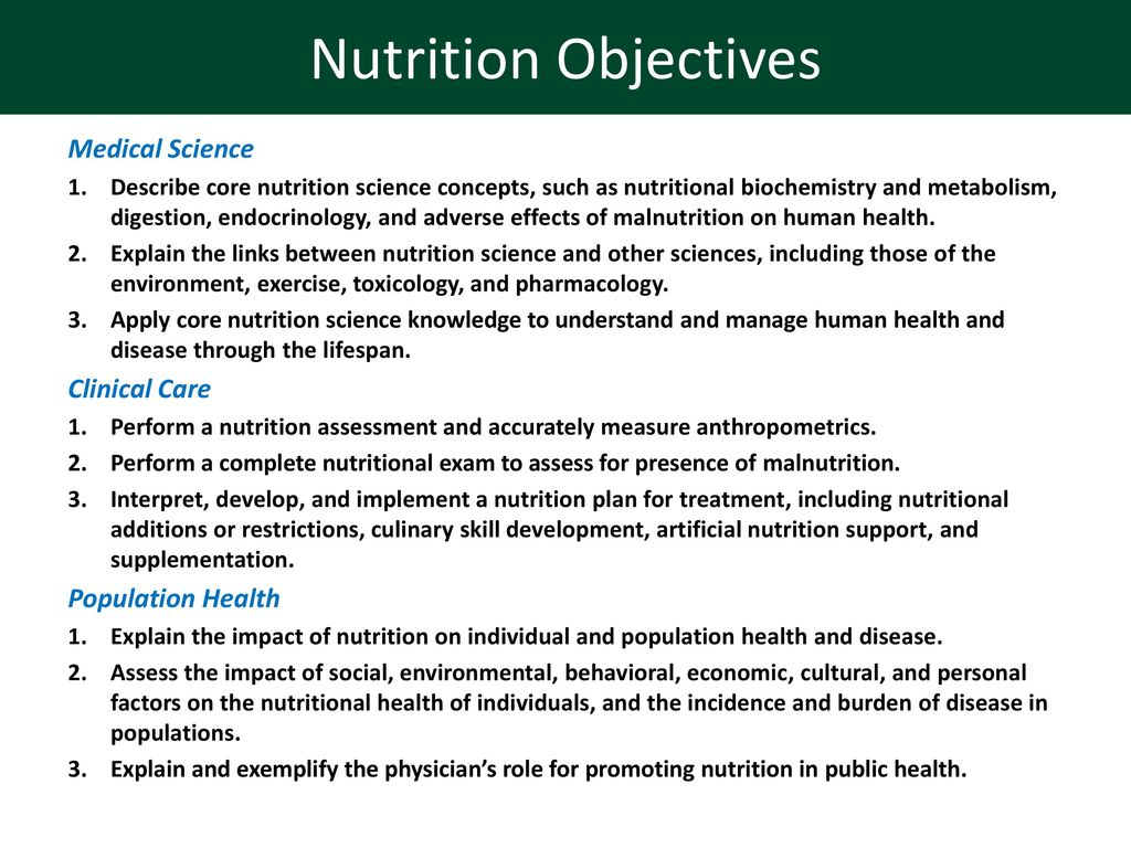 Nutrition Objectives Medical Science Clinical Care Population Health