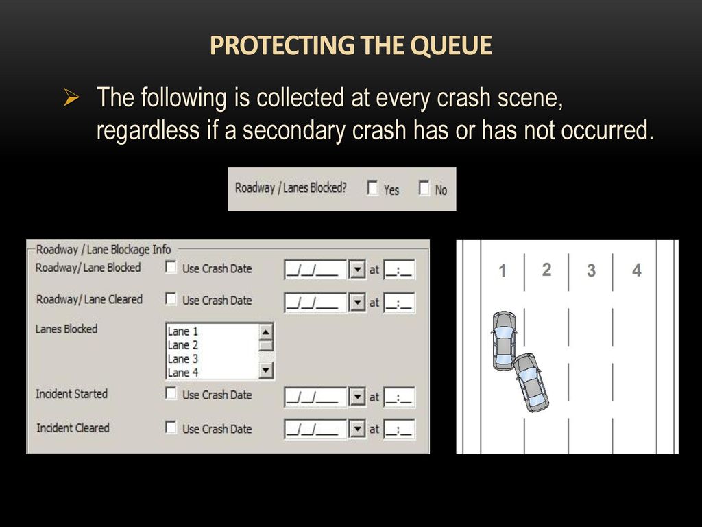 PROTECTING THE QUEUE The following is collected at every crash scene, regardless if a secondary crash has or has not occurred.