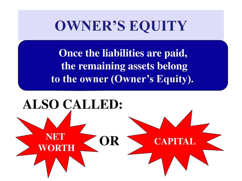 OWNER’S EQUITY ALSO CALLED: OR Once the liabilities are paid,