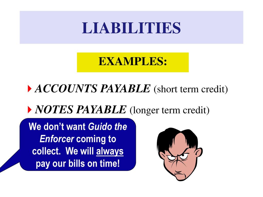 LIABILITIES EXAMPLES: ACCOUNTS PAYABLE (short term credit)