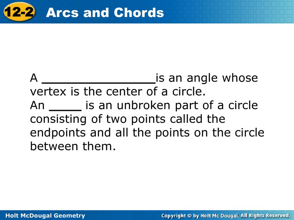 Objectives apply properties of arcs apply properties of chords ppt