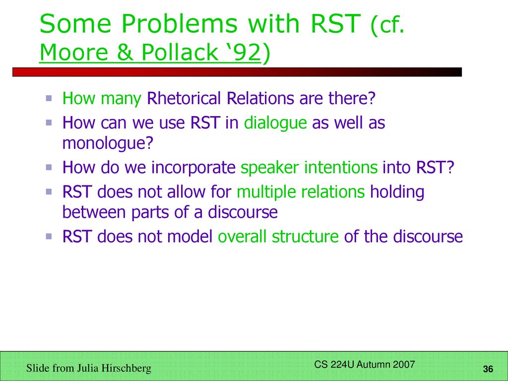 Some Problems with RST (cf. Moore & Pollack ‘92)